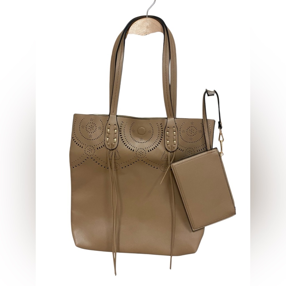 Mellow World Tote Eyelet Fringe Vegan Leather With Wallet Beige New No Tag